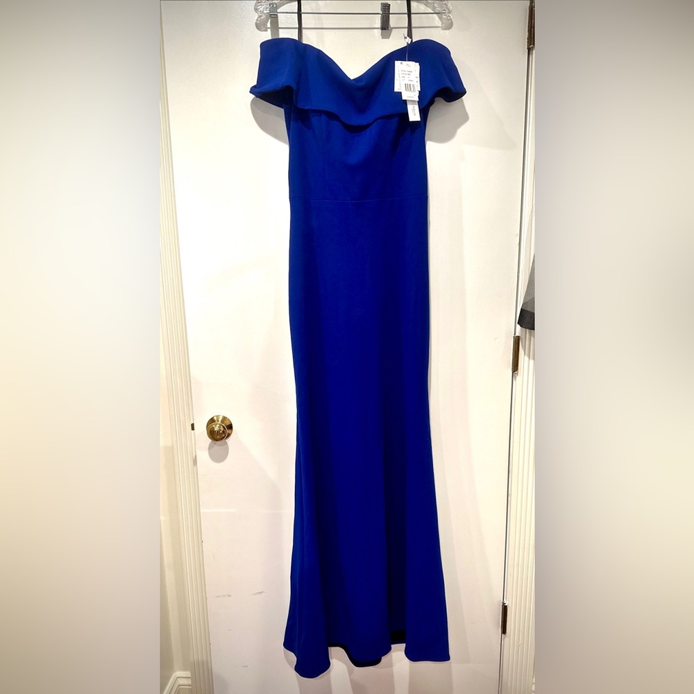 Aqua Off-the-shoulder BLUE scuba crepe gown, size 10